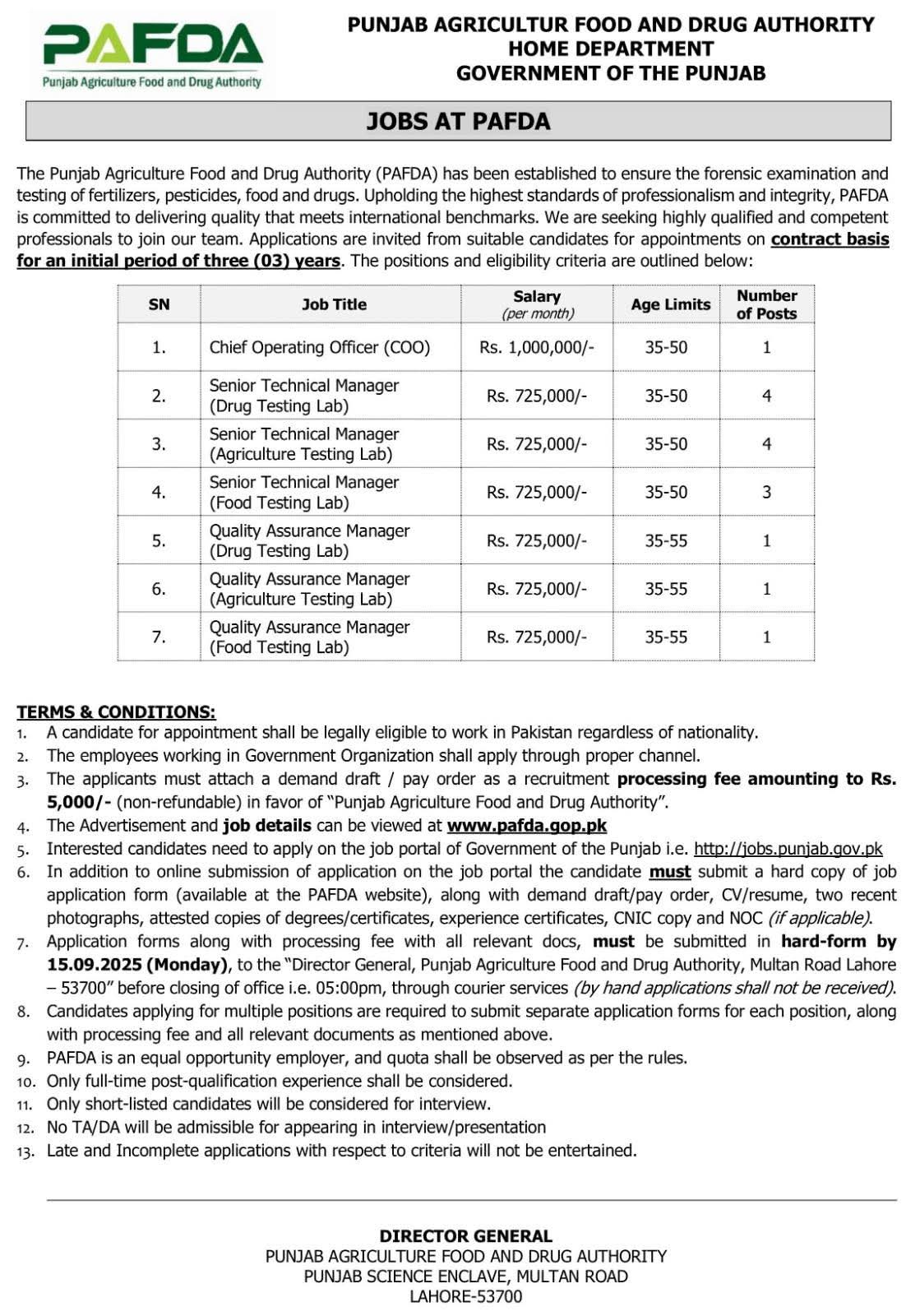 Jobs at Punjab Agriculture Food and Drug Authority (PAFDA) ΓÇô Contract Positions