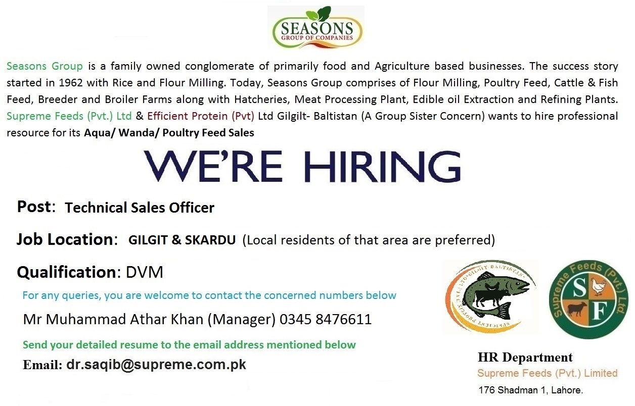 We’re Hiring – Technical Sales Officer (DVM) for Aqua, Wanda & Poultry Feed Sales in Gilgit & Skardu
