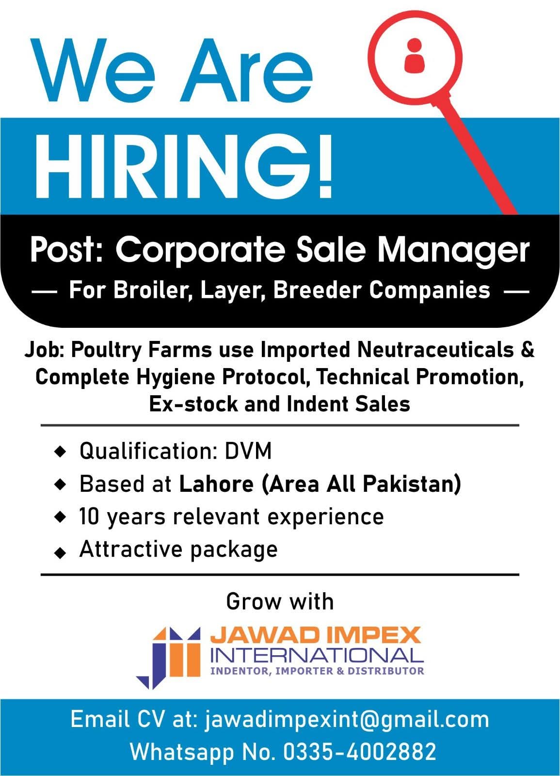 We Are Hiring – Corporate Sales Manager | Jawad Impex International