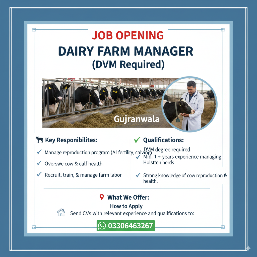 Job Opportunity: Dairy Farm Manager (DVM Required – Gujranwala)