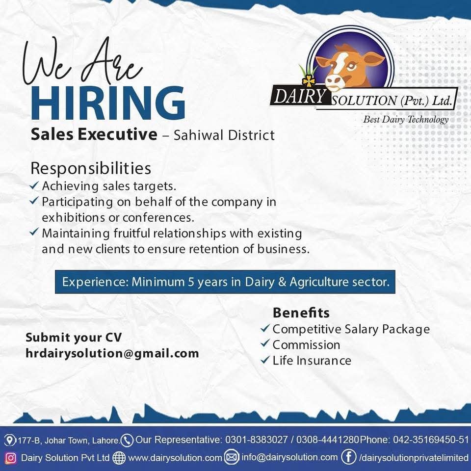 Title: Dairy Solution (Pvt) Ltd.: Hiring a Sales Executive for Sahiwal District