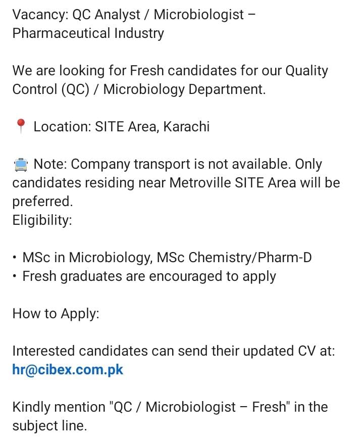 Recruitment for QC Analyst (Microbiology) at Cibex Pharmaceuticals