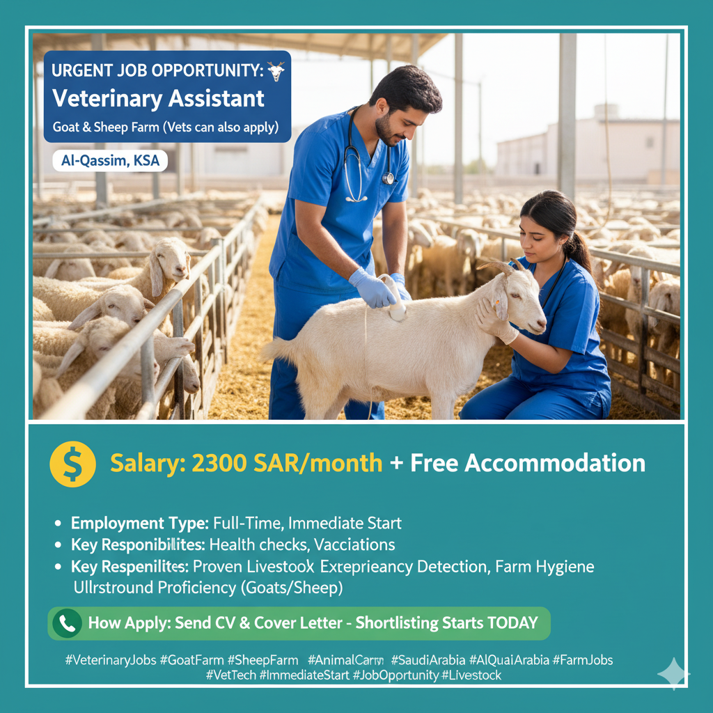 Urgent Hiring: Veterinary Assistant (Goat & Sheep Farm) – Al-Qassim, KSA 🐐🐑