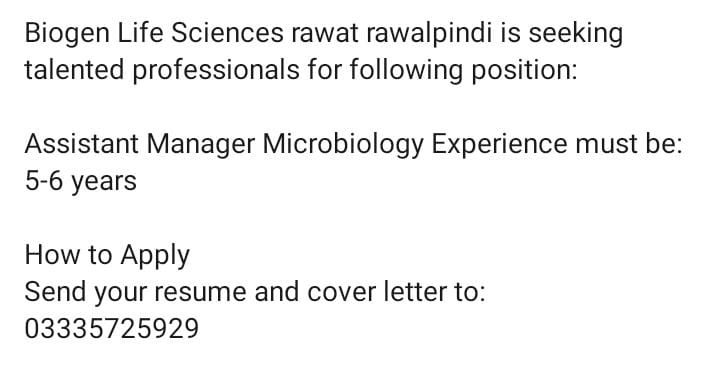 Assistant Manager Microbiology at Biogen Life Sciences