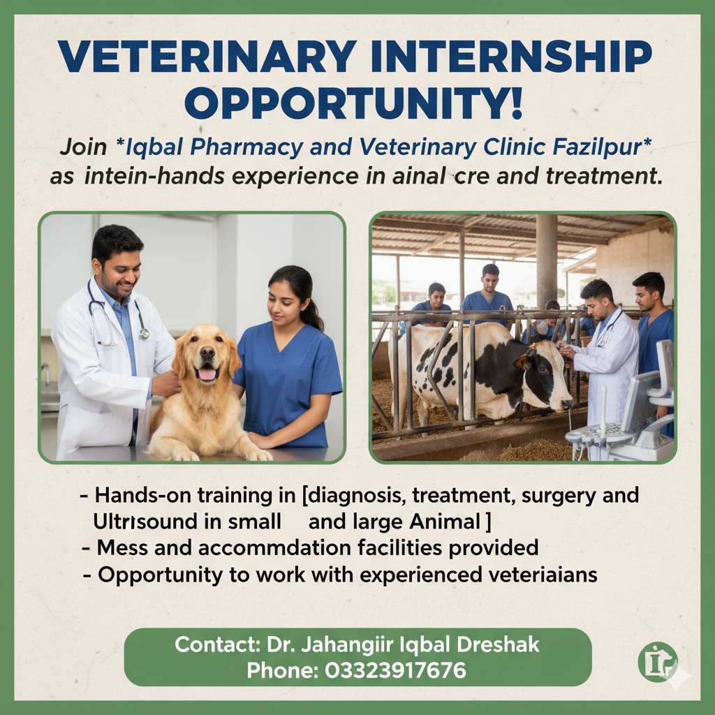 Veterinary Internship Opportunity at Iqbal Pharmacy & Veterinary Clinic, Fazilpur 🐾