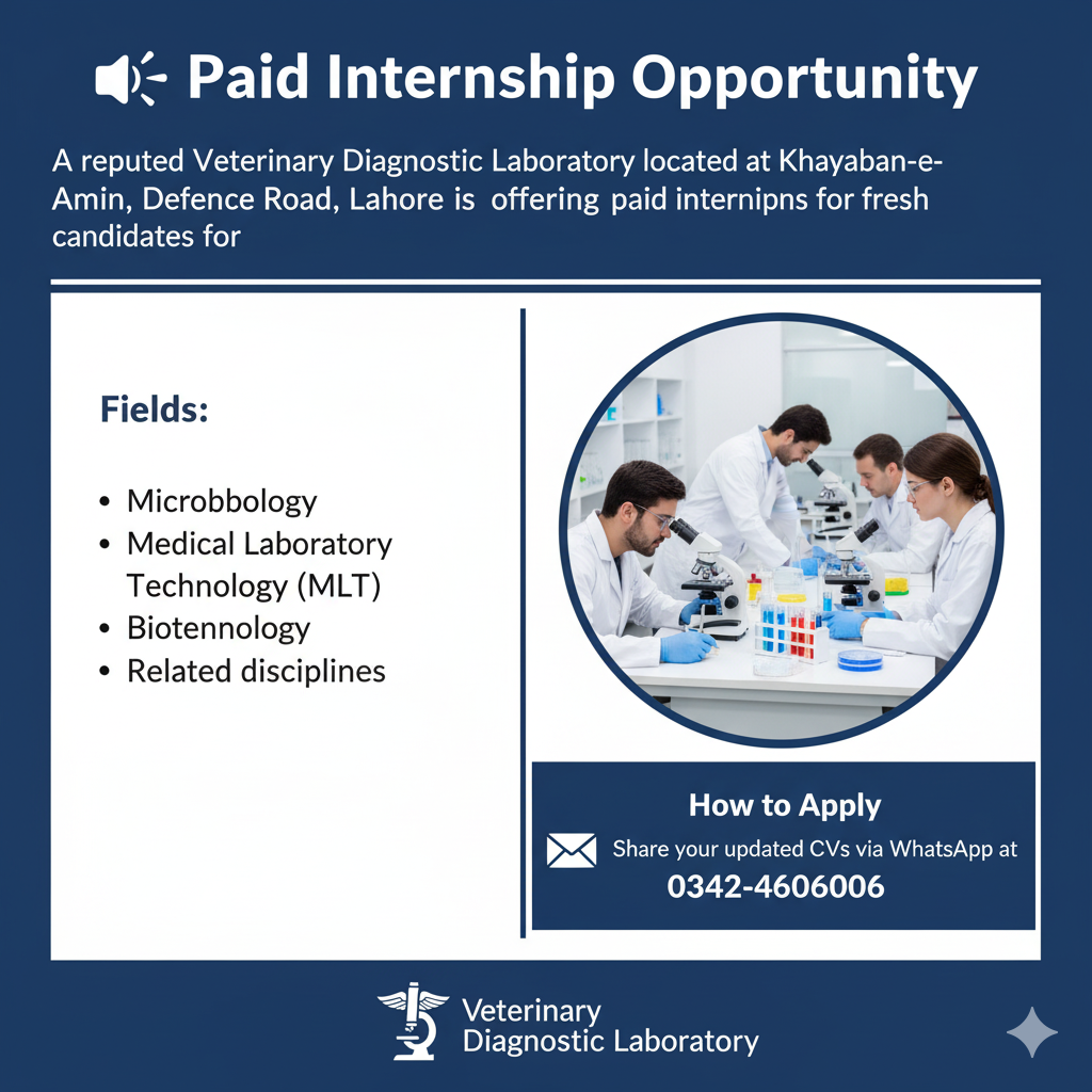 📢 Paid Internship Opportunity – Veterinary Diagnostic Laboratory, Lahore