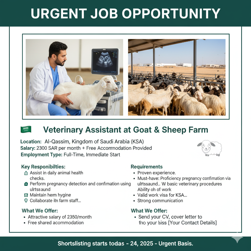 🚨 Urgent Job Opportunity – Veterinary Assistant (Goat & Sheep Farm) | Al-Qassim, KSA