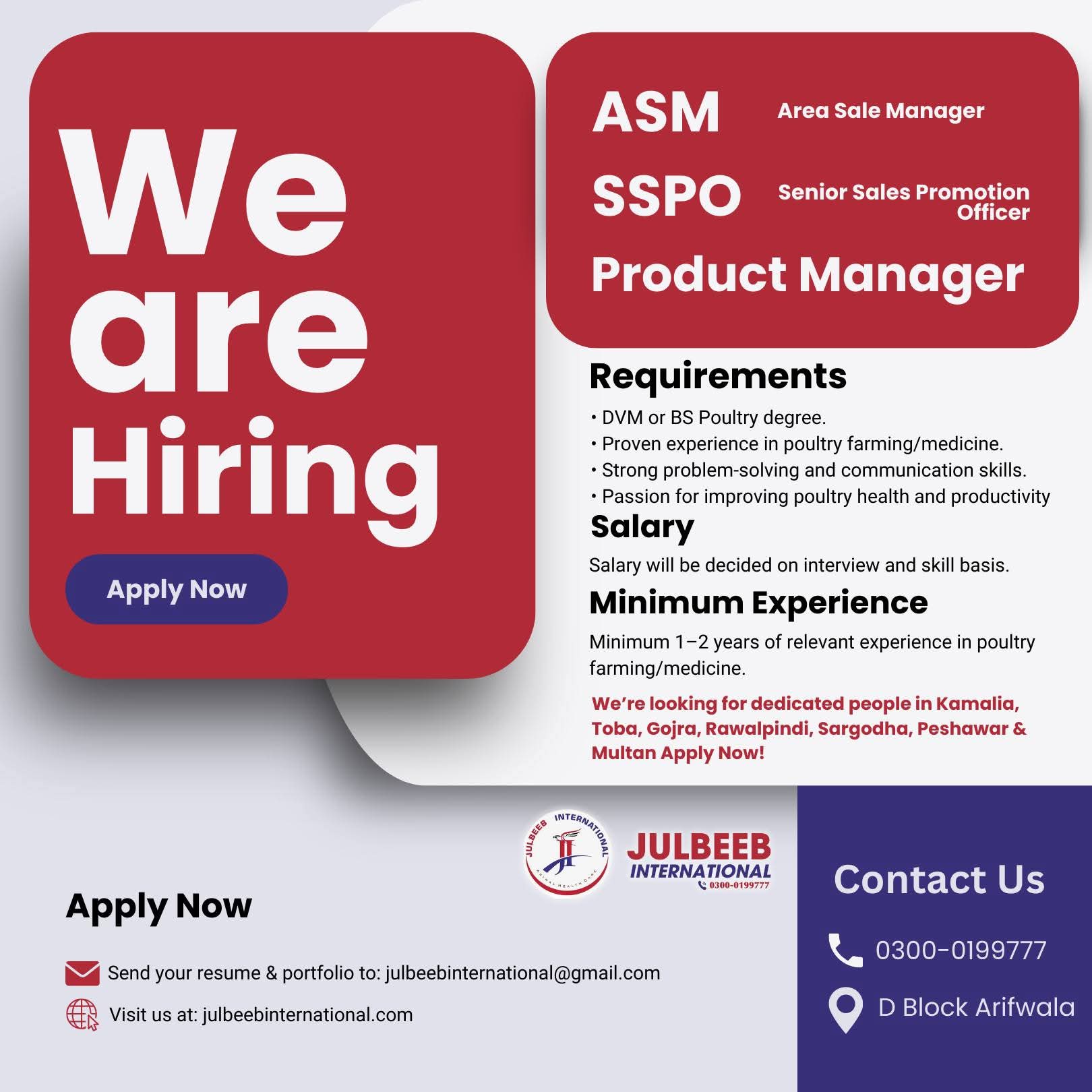 We are Hiring - ASM, SSPO, Product Manager ASM: Area Sale Manager SSPO: Senior Sales Promotion Officer Product Manager