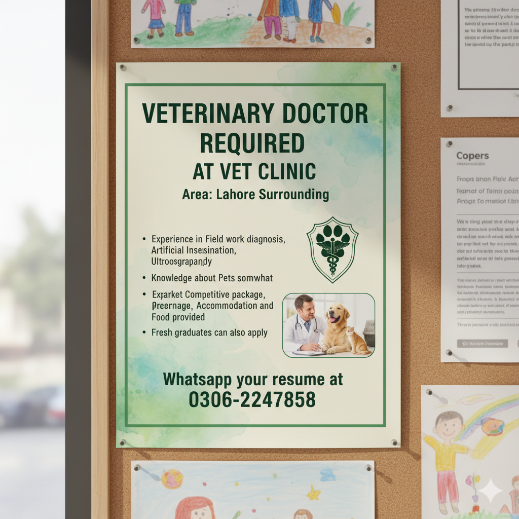 š¹ Veterinary Doctor Required ā Vet Clinic (Lahore & Surrounding Areas)