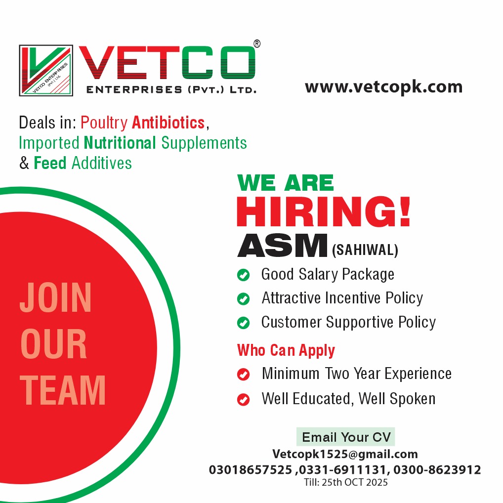 an Area Sales Manager (ASM) position at VETCO Enterprises (Pvt.) Ltd., specifically located in Sahiwal.