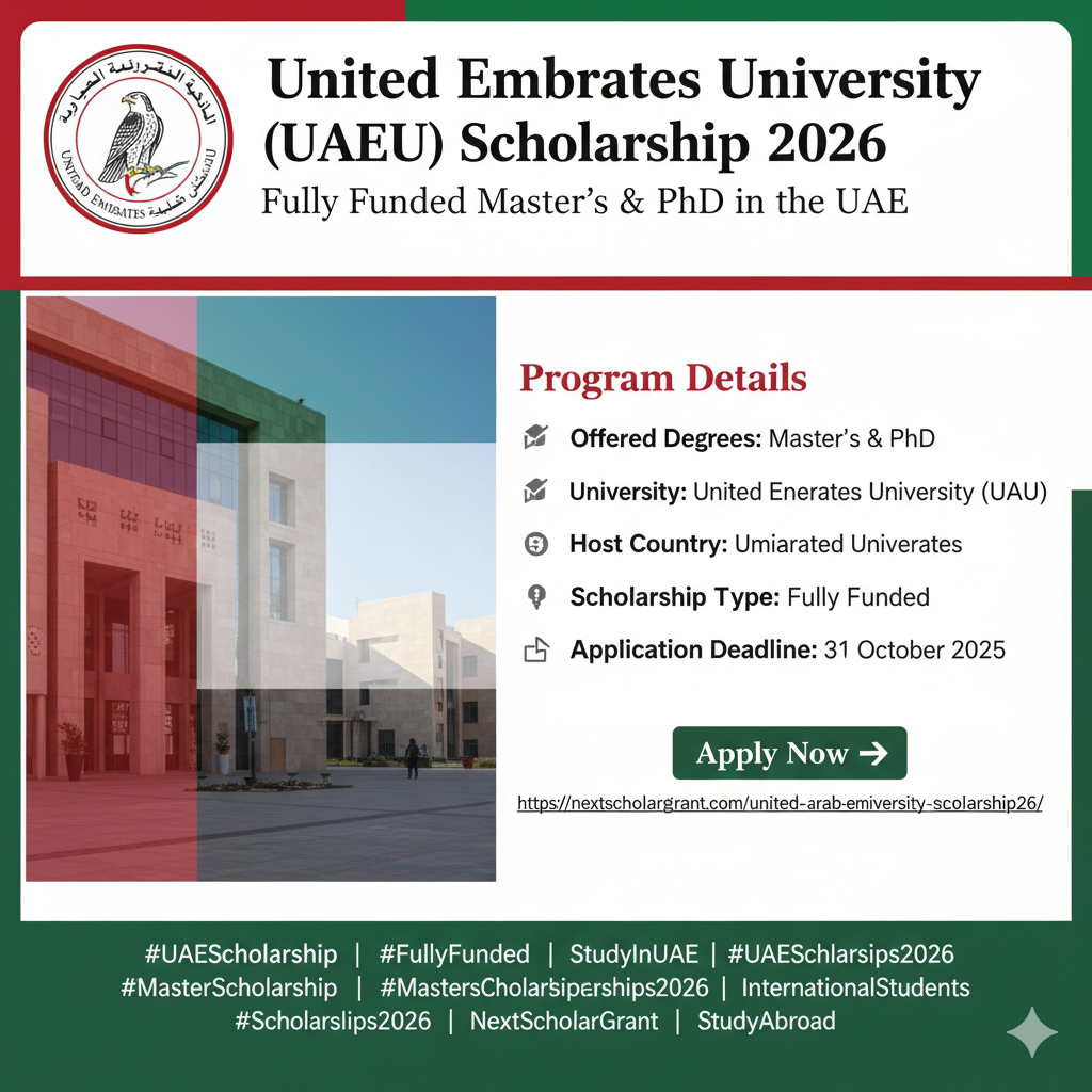 United Arab Emirates University Scholarship 2026 | Fully Funded Master’s & PhD Programs