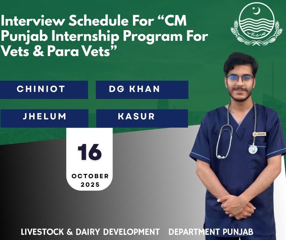 Interview Schedule For "CM Punjab Internship Program For Vets & Para Vets"