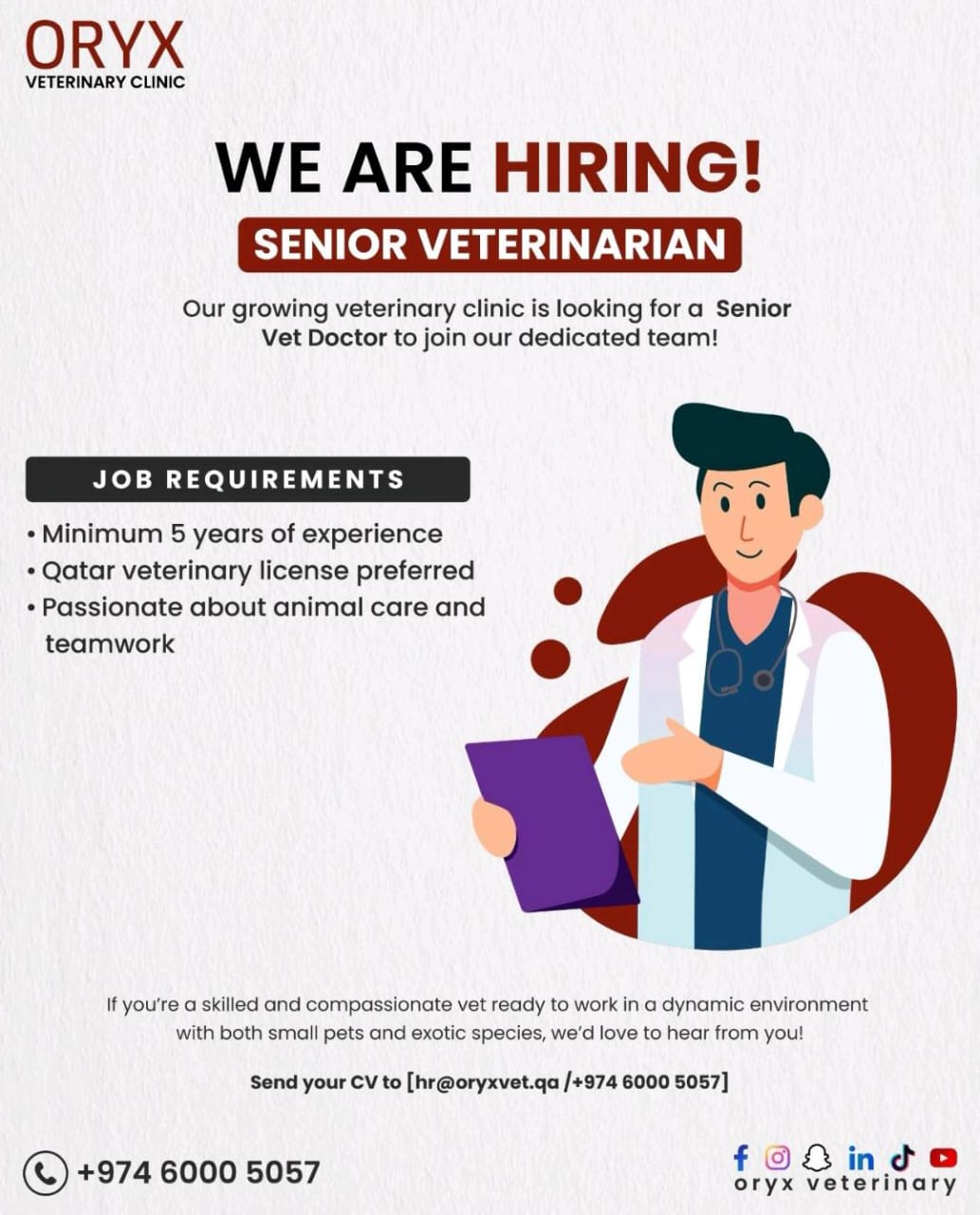 WE ARE HIRING! SENIOR VETERINARIAN (Oryx Veterinary Clinic)