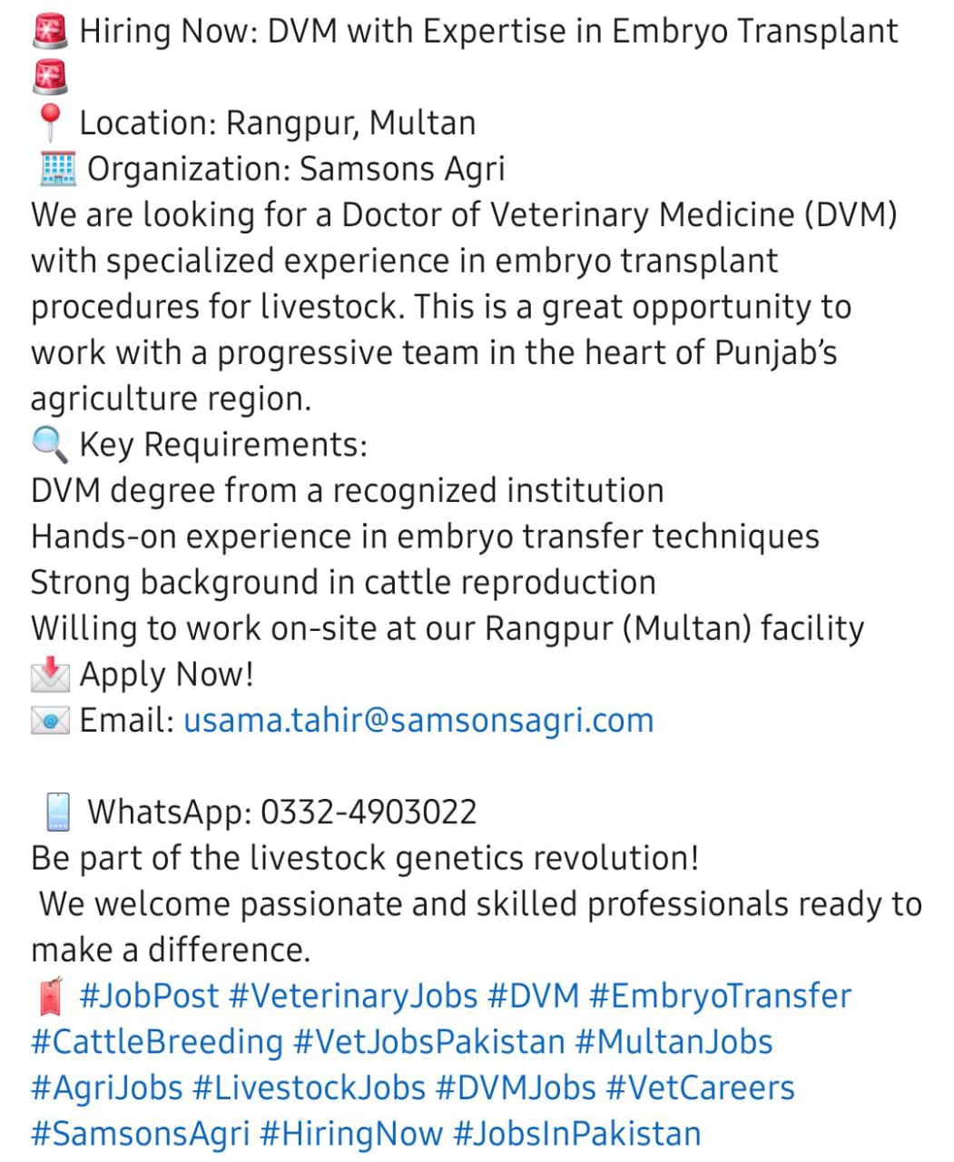 DVM with Expertise in Embryo Transplant – Samsons Agri, Rangpur (Multan)