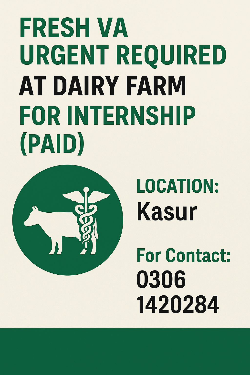 Fresh Veterinary Assistant (VA) – Paid Internship Opportunity at Dairy Farm, Kasur