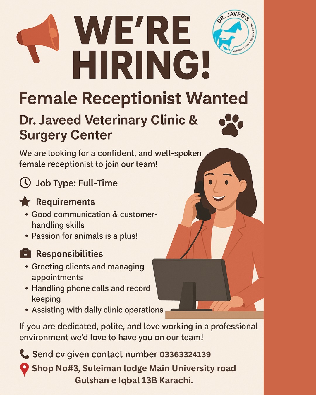 Female Receptionist – Dr. Javeed Veterinary Clinic & Surgery Center