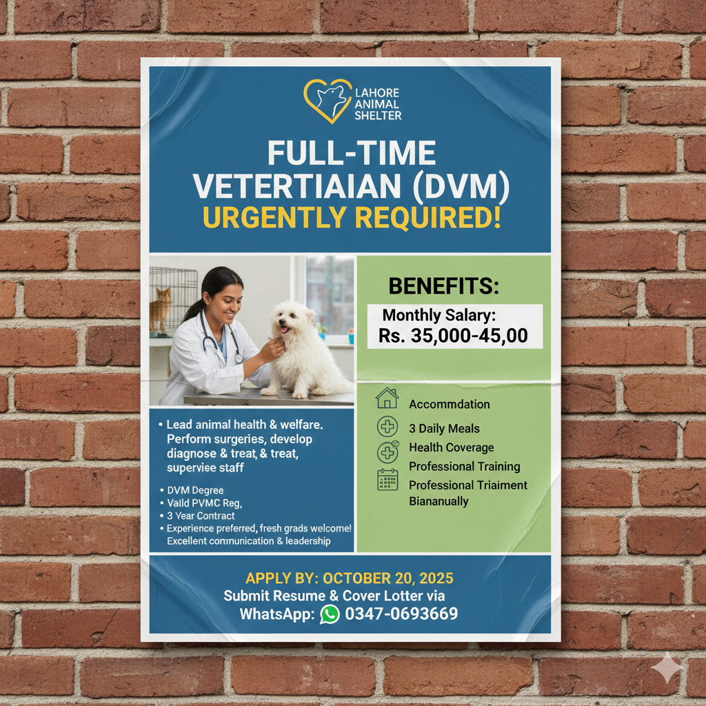 Veterinarian (DVM) – Animal Shelter, Lahore