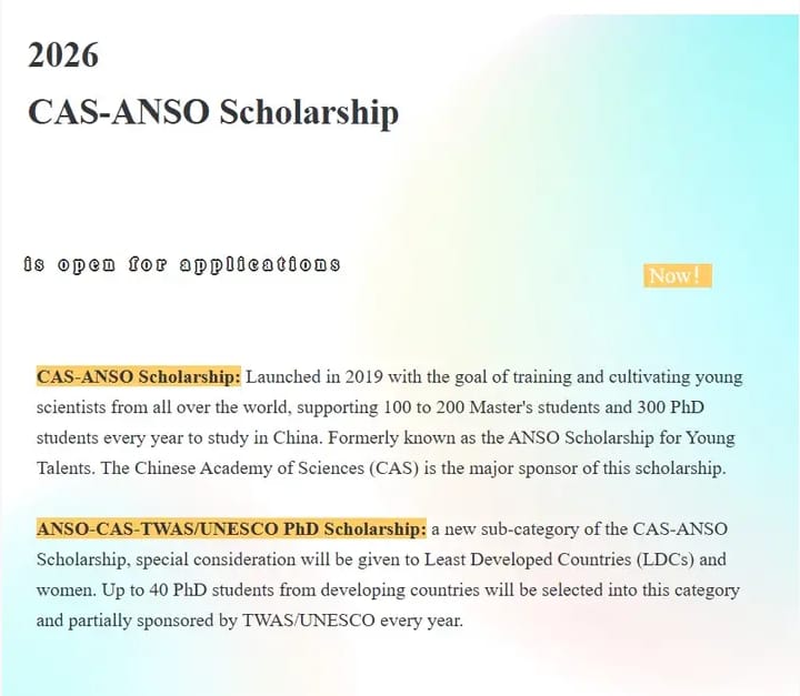 2026 CAS–ANSO Scholarship for International Students