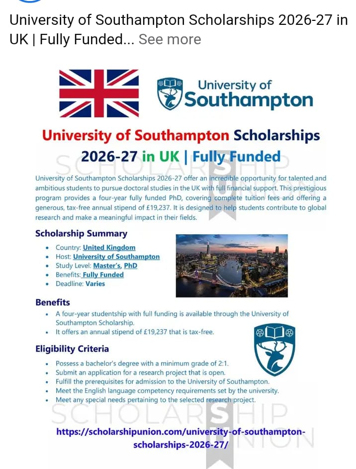 University of Southampton Fully Funded Scholarships 2026–27 (UK)