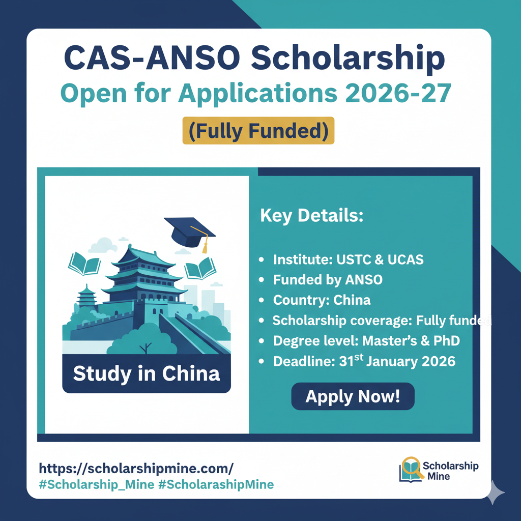 CAS-ANSO Scholarship 2026–27 | Fully Funded Master’s & PhD Programs in China