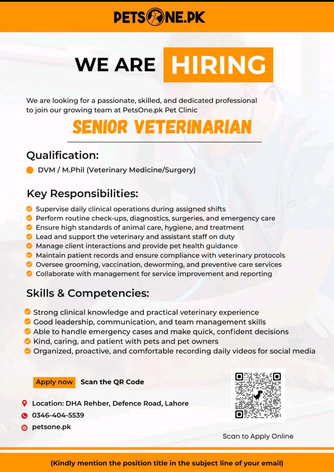  1. Senior Veterinarian – PetsOne.pk (Lahore)