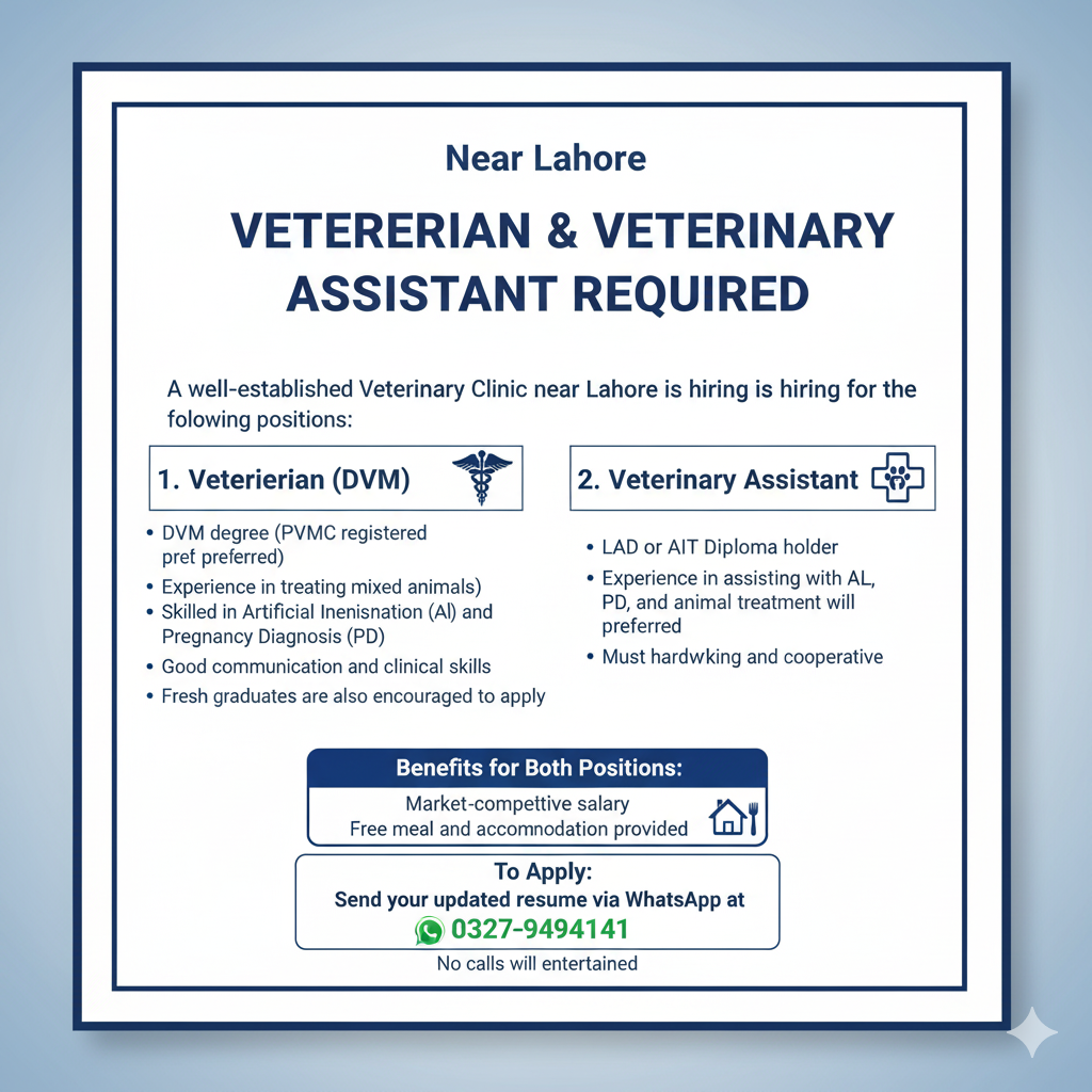 Veterinarian & Veterinary Assistant – Veterinary Clinic (Near Lahore)