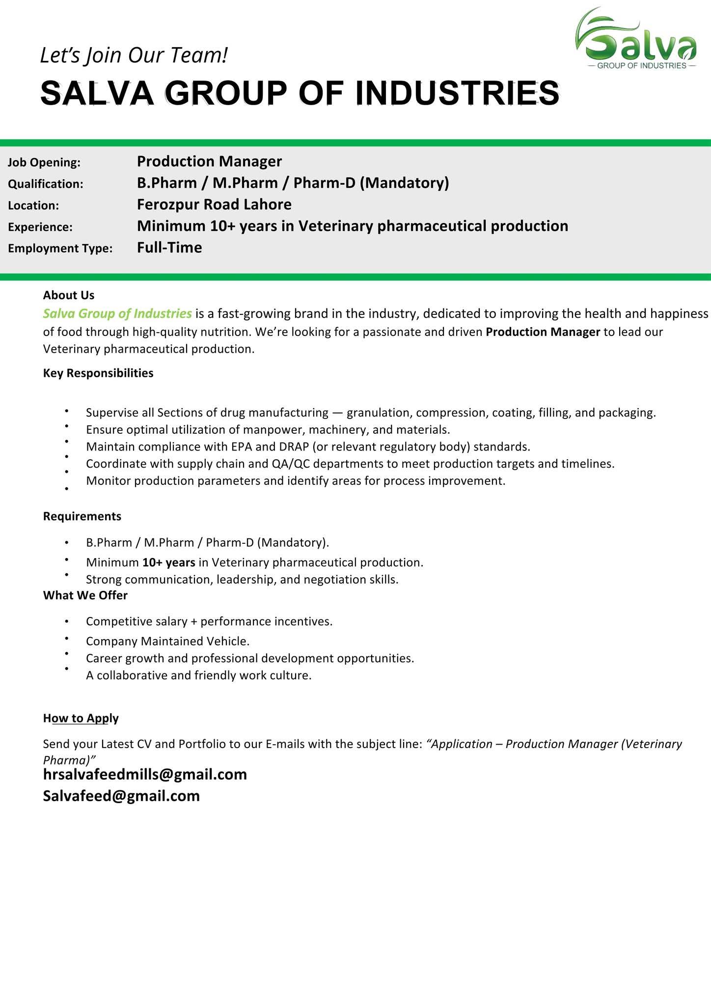   Production Manager – Salva Group of Industries (Lahore)