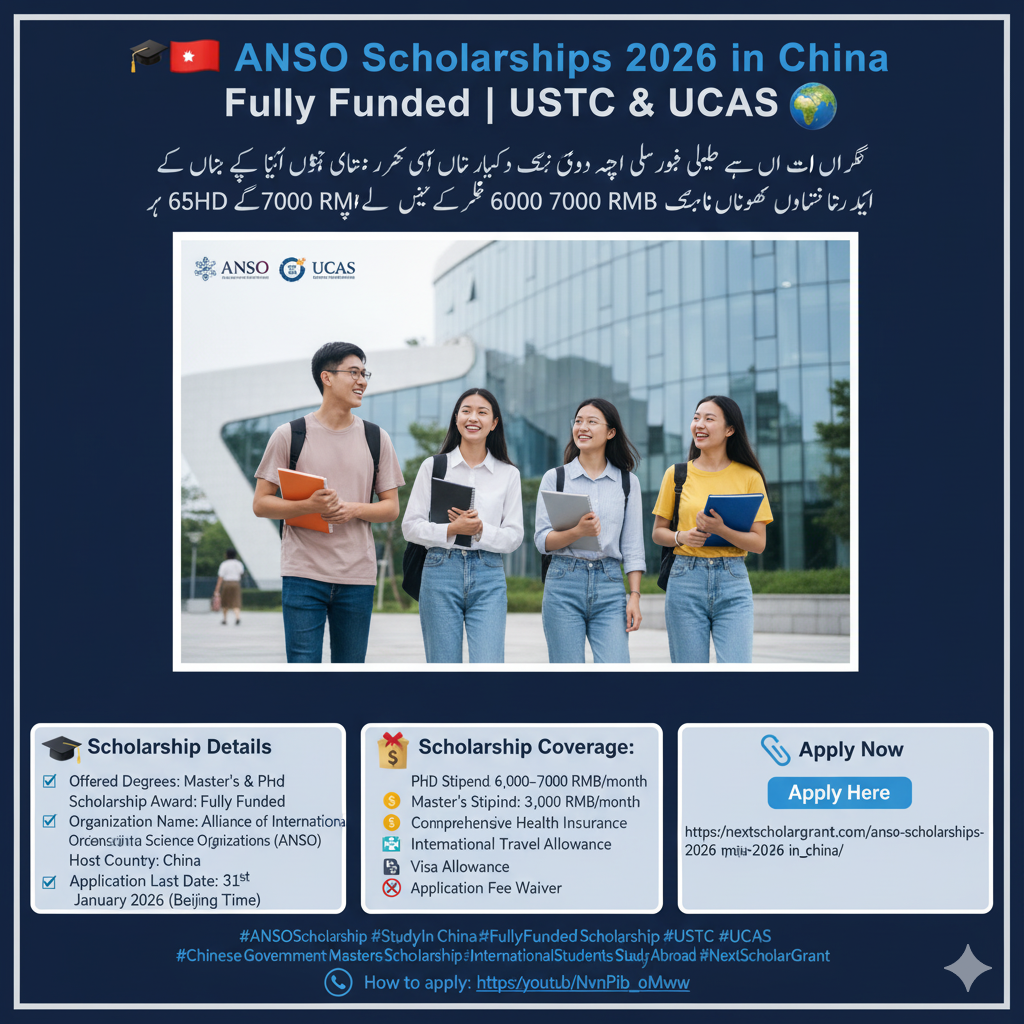 ANSO Scholarships 2026 in China – Fully Funded Master’s & PhD Opportunities (USTC & UCAS)