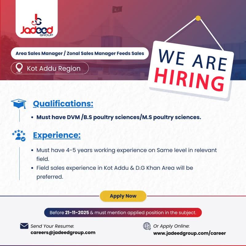š¢ Job Opportunity ā Area Sales Manager / Zonal Sales Manager (Feed Sales), Kot Addu Region ā Jadeed Group