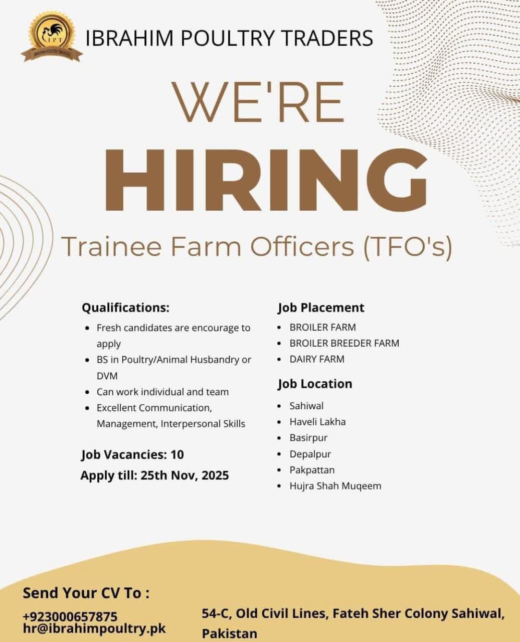 📢 Ibrahim Poultry Traders – We’re Hiring Trainee Farm Officers (TFOs)