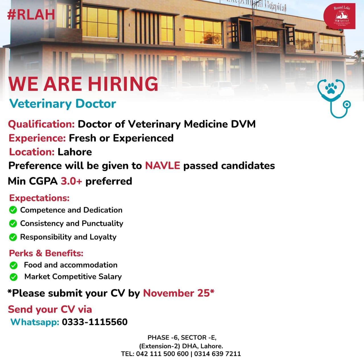 📢 Job Opportunity – Veterinary Doctor (Lahore)