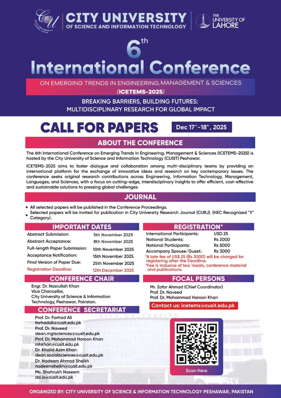 6th International Conference on Emerging Trends in Engineering, Management & Sciences (ICETEMS-2025)