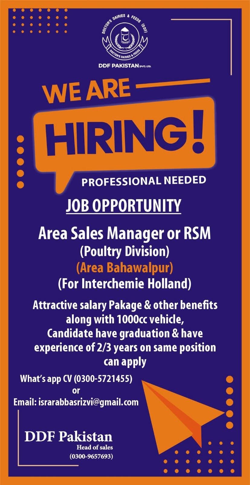 Area Sales Manager (Poultry Division) / Regional Sales Manager – DDF Pakistan (Interchemie Holland), Bahawalpur Region