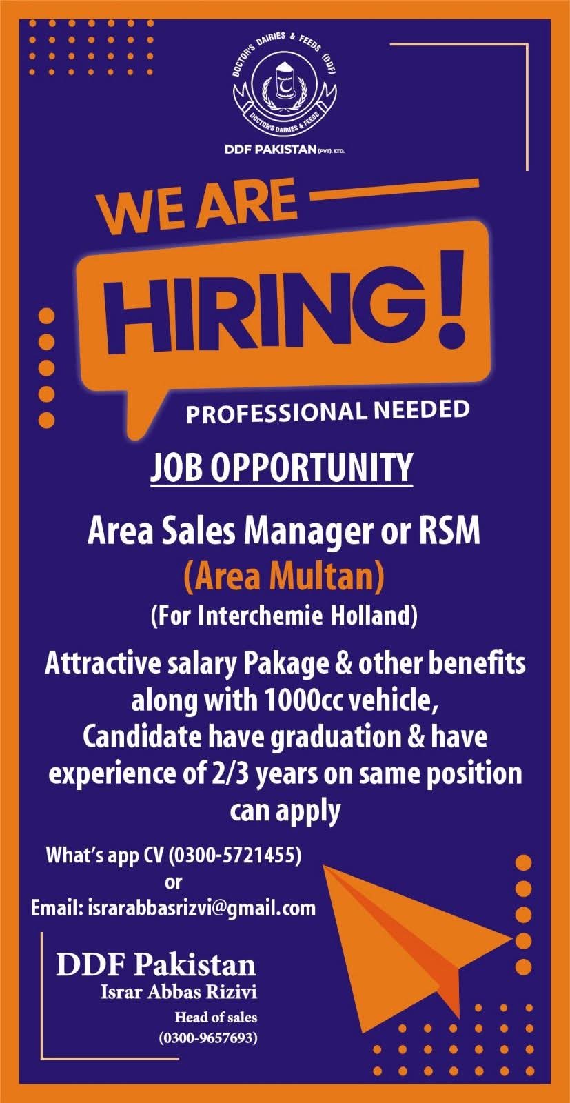 Area Sales Manager (Poultry Division) / Regional Sales Manager – DDF Pakistan (Interchemie Holland), Multan Region