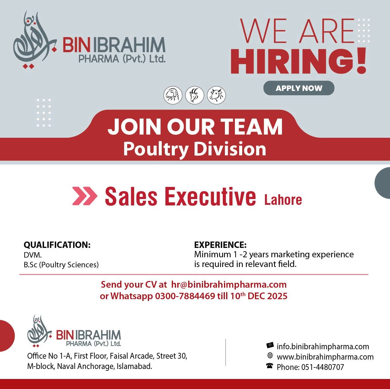 Sales Executive – Poultry Division (Lahore) | Bin Ibrahim Pharma Pvt. Ltd.