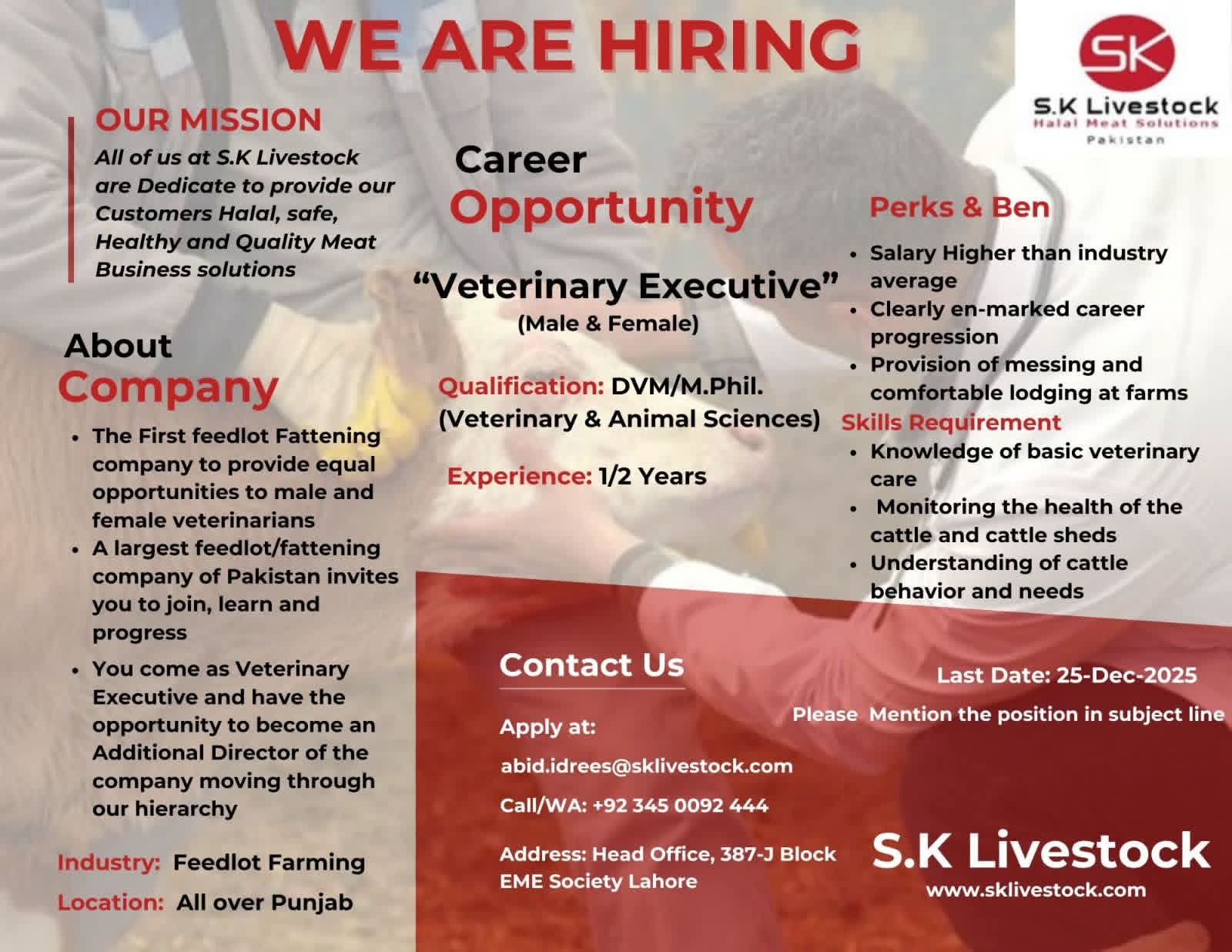 S.K Livestock is hiring a Veterinary Executive (male and female)