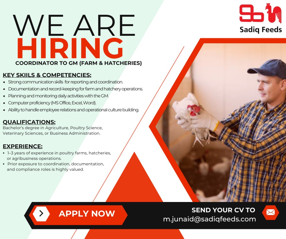 WE ARE HIRING  COORDINATOR TO GM (FARM & HATCHERIES)