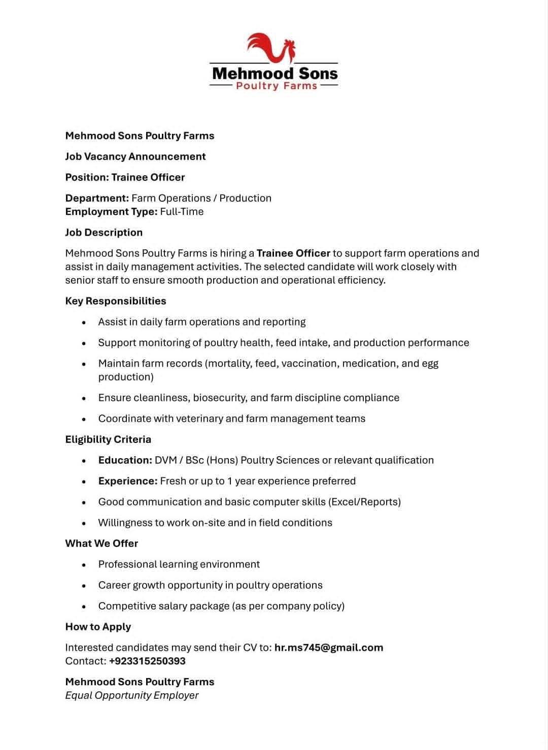Mehmood Sons Poultry Farms - Trainee Officer