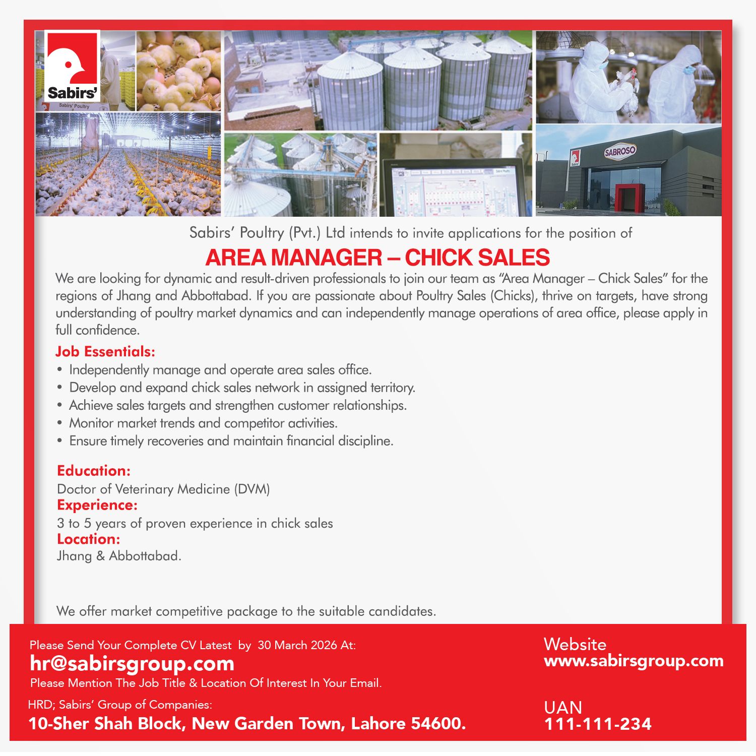 Sabirs' Poultry (Pvt.) Ltd. - Area Manager (Chick Sales)