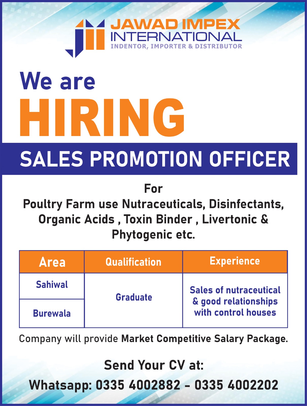 Jawad Impex- Sales Promotion Officer (Poultry Nutraceuticals)