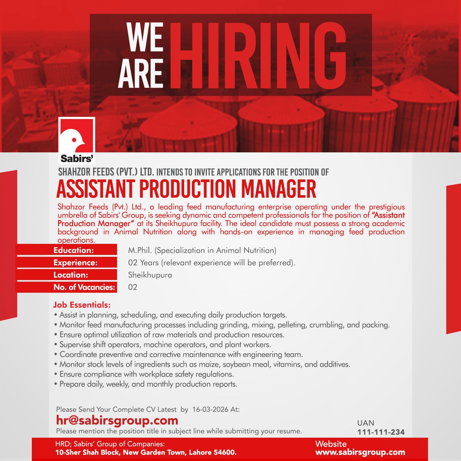 Sabirs' Group / Shahzor Feeds - Assistant Production Manager