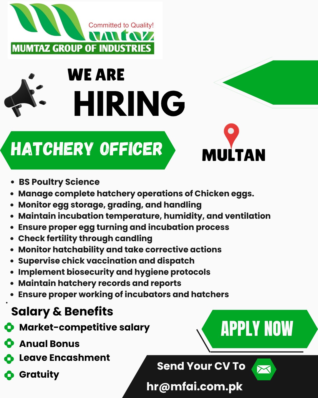 WE ARE HIRING  HATCHERY OFFICER