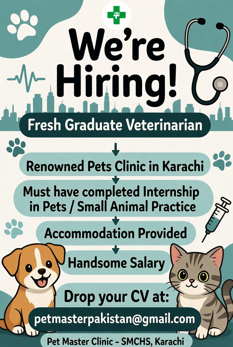 A renowned pets clinic in Karachi is hiring a fresh graduate