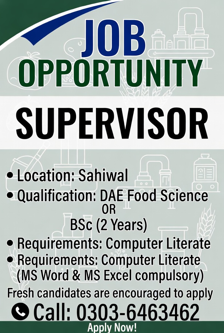 job as a supervisor  Location sahiwal 