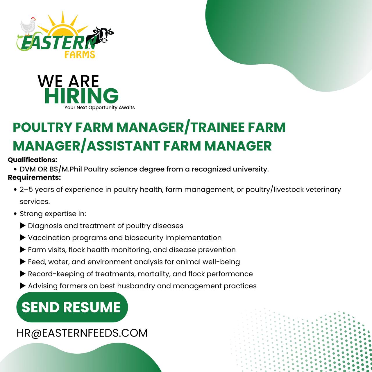 POULTRY FARM MANAGER/TRAINEE FARM MANAGER/ASSISTANT FARM MANAGER