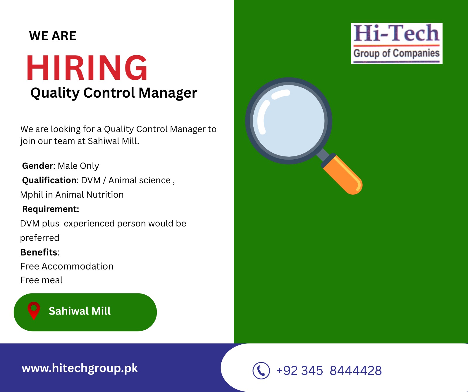 We are looking for a Quality Control Manager to join our team at Sahiwal Mill.