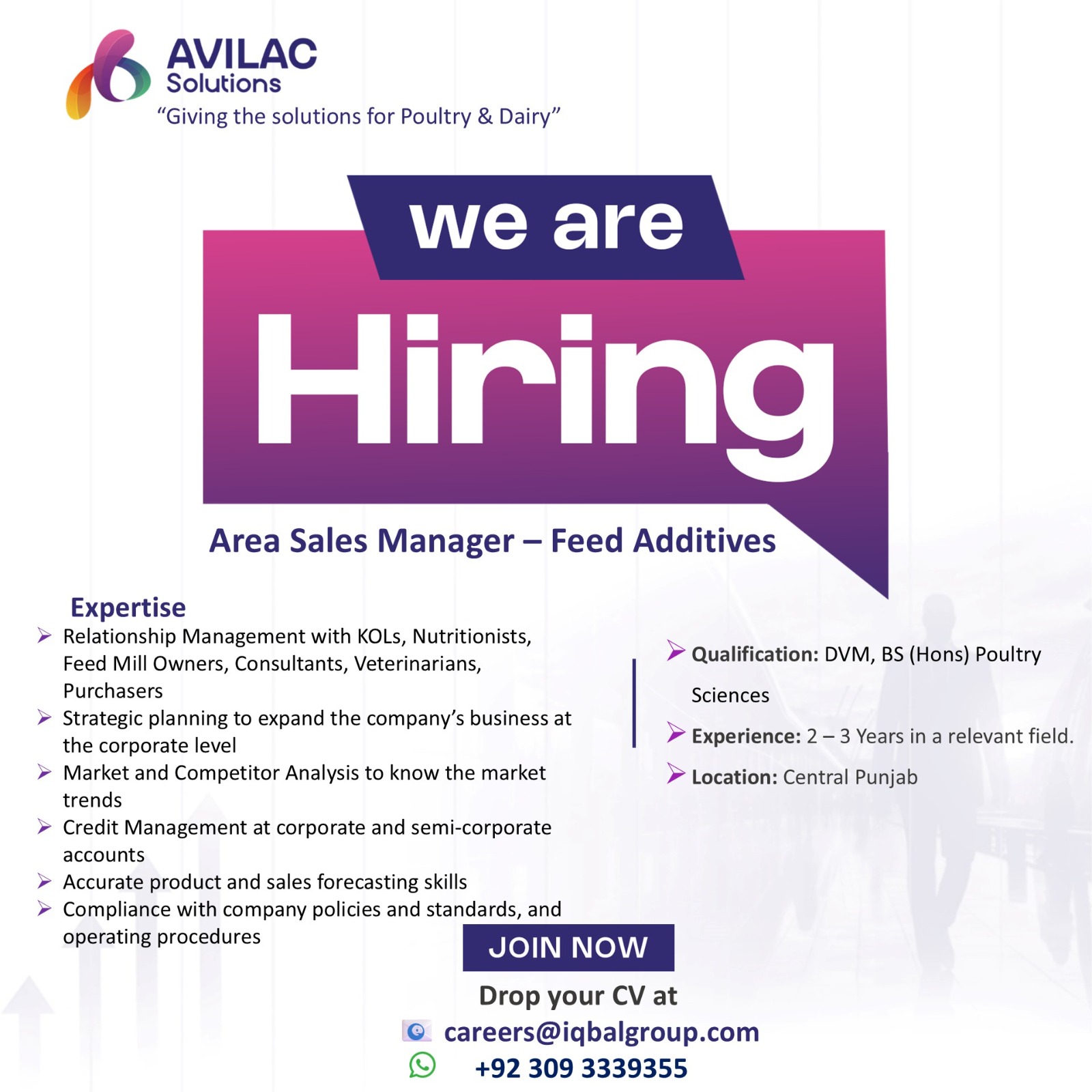 AVILAC Solutions “Giving the solutions for Poultry & Dairy” we are Hiring Area Sales Manager – Feed Additives