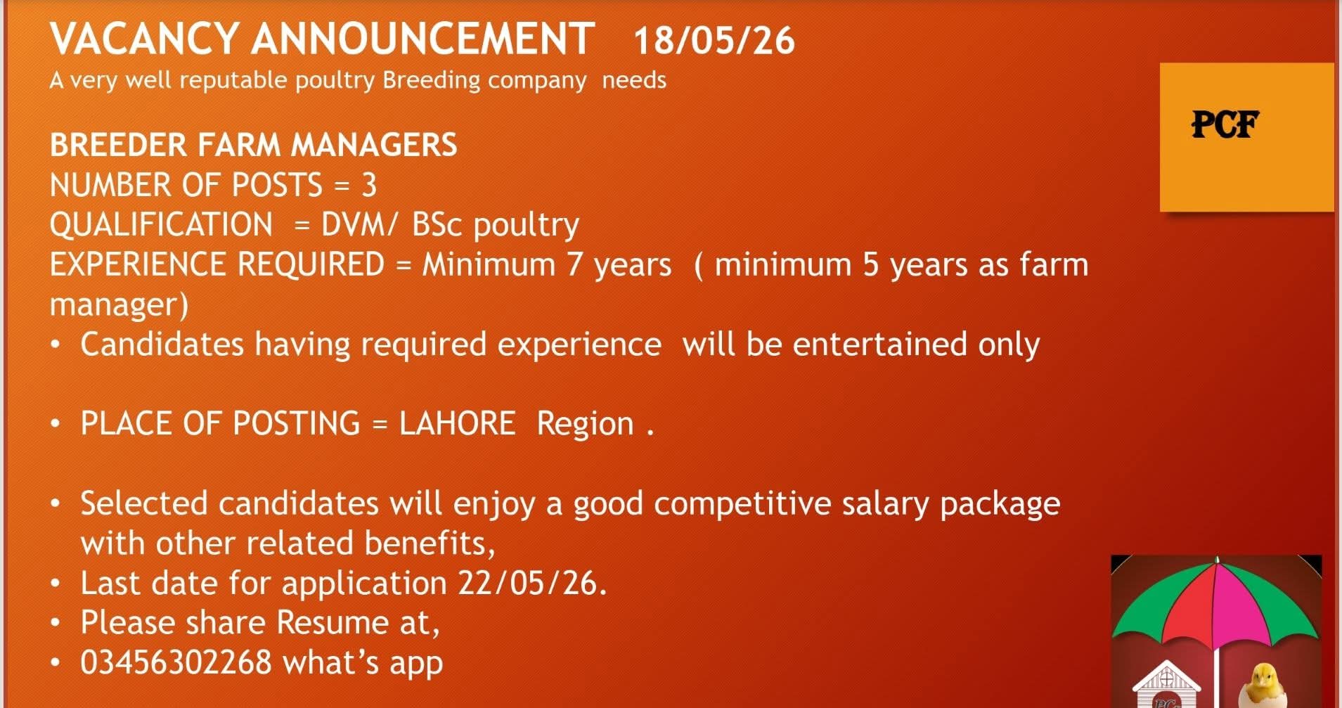 VACANCY ANNOUNCEMENT 18/05/26 A very well reputable poultry Breeding company needs