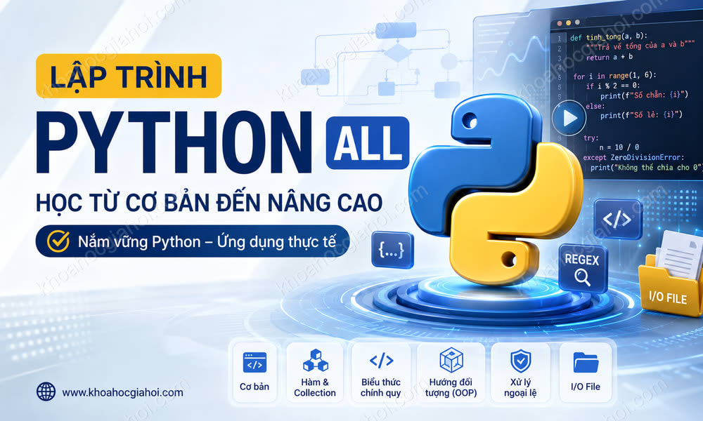 Khóa Học Lập Trình Python All (Kiến Thức Cơ Bản, Collection, Hàm, Biểu Thức Chính Quy, Lập Trình Hướng Đối Tượng, Ngoại Lệ, I/O File)