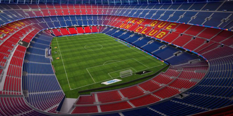 Empty Camp Nou Stadium With Red And Blue Seats.